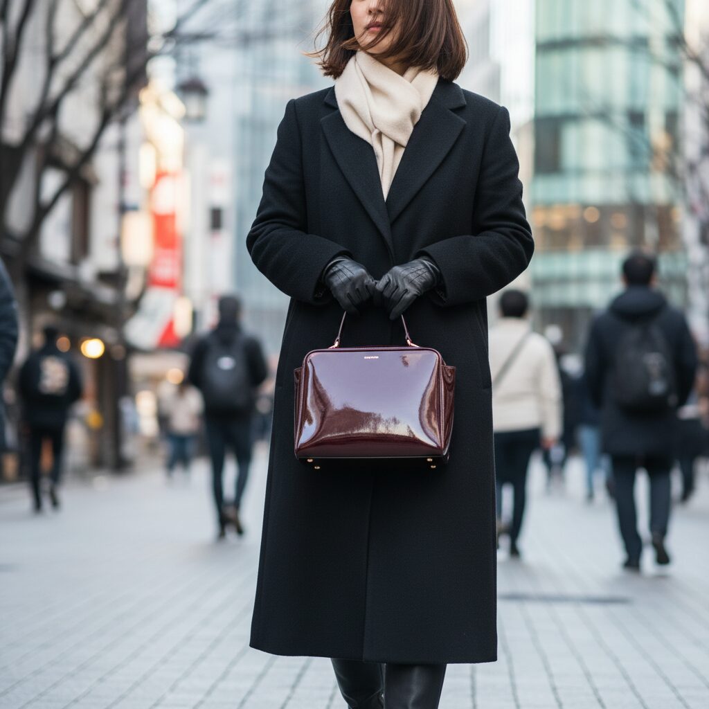 東京の冬の街を歩く30代日本人女性。黒のウールコートに対し、光沢のあるオックスブラッド（深紅）のレザーハンドバッグが鮮やかな対比を見せている。