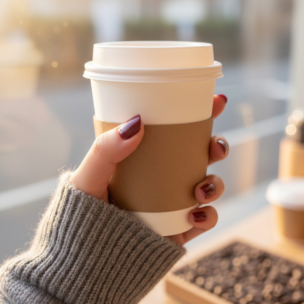 テイクアウトのコーヒーカップを持つ手元のアップ。爪には艶やかなオックスブラッドのネイルが施され、グレーのカシミアニットの袖口が見える。