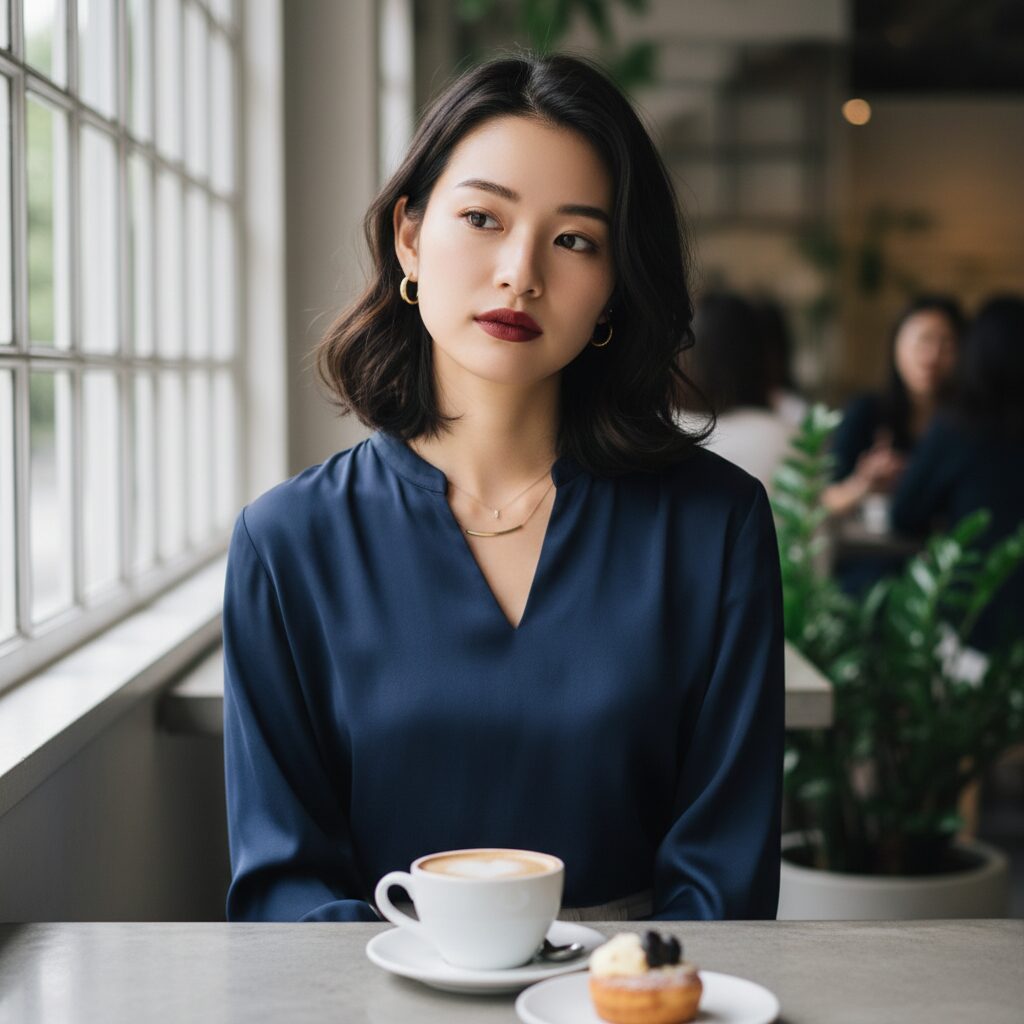 モダンなカフェに座る日本人女性のポートレート。ネイビーのブラウスに、派手すぎないオックスブラッドのリップメイクが映える。