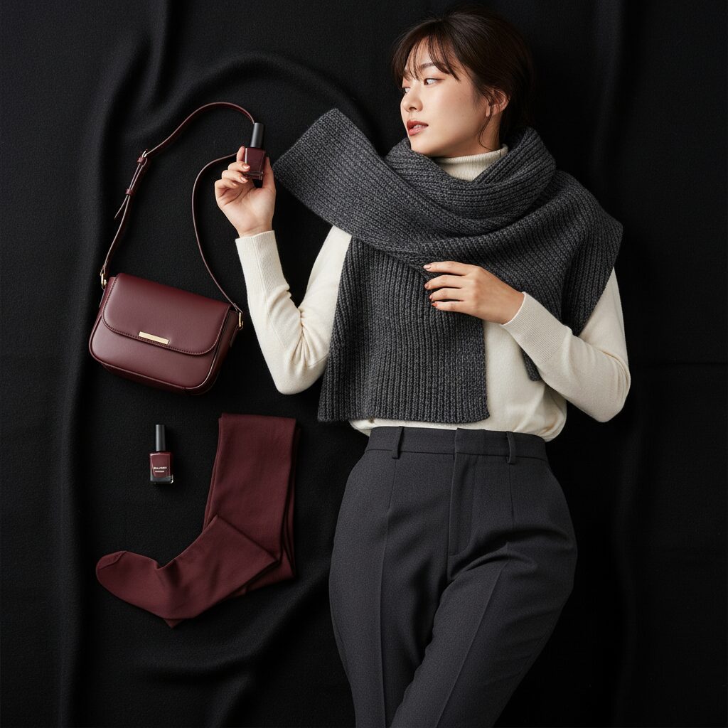 冬のファッションアイテムの置き画。黒のウール生地、ダークグレーのマフラー、そしてオックスブラッドのレザーバッグ、ネイル、タイツ。