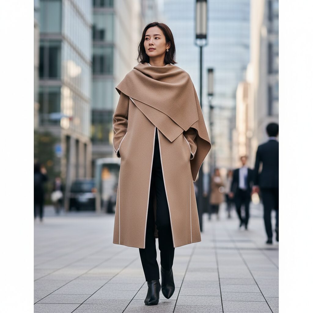 ベージュのウール製スカーフコートを羽織り、東京のオフィス街を歩く日本人女性。コートと一体化したスカーフ部分がエレガントなドレープを描き、白いステッチがアクセントになっている。