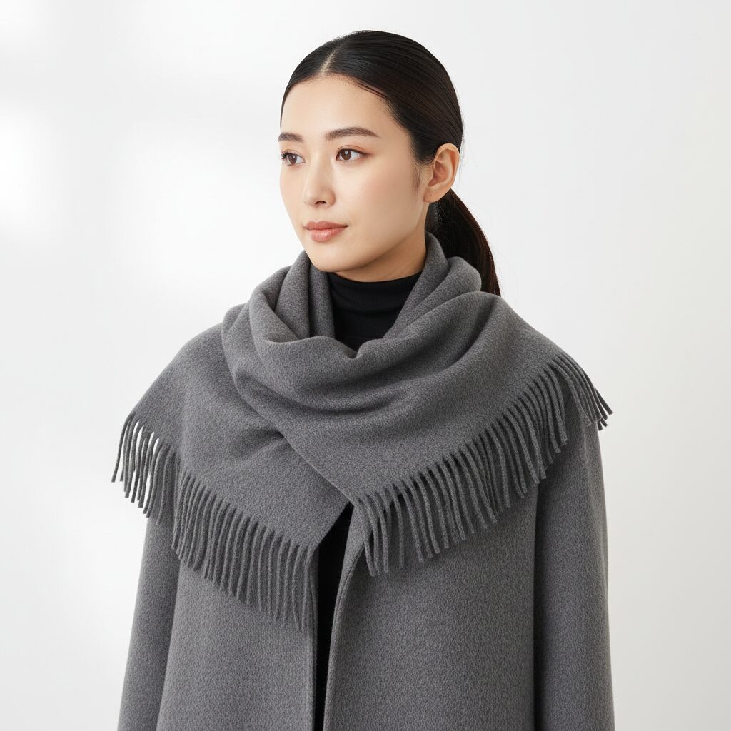 チャコールグレーのカシミア風スカーフコートを着用した女性の上半身アップ。フリンジ付きの襟元が首回りに洗練されたボリュームを与えている。ヘアスタイルはタイトなポニーテール。