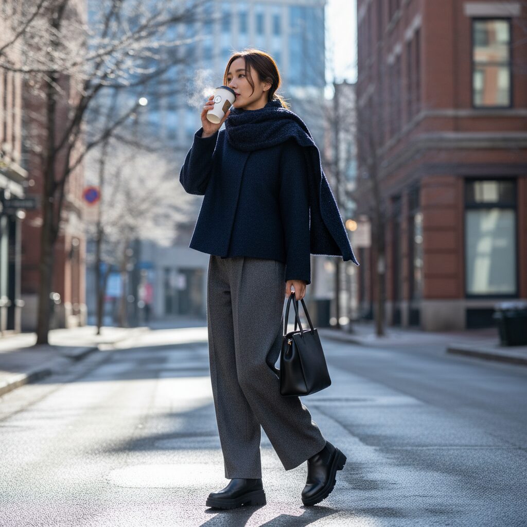ショート丈のネイビーのスカーフコートに、グレーのワイドパンツを合わせた都会的なコーディネート。スカーフ部分は背中側に流し、コーヒーを持って歩く忙しくもおしゃれな女性。