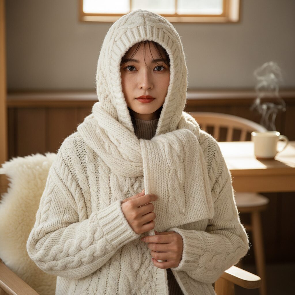 クリームホワイトのバラクラバ(フード)一体型ニットコートの質感クローズアップ。フードからスカーフへ繋がるケーブル編みのディテールと、ウールの温かみのある柔らかさ。