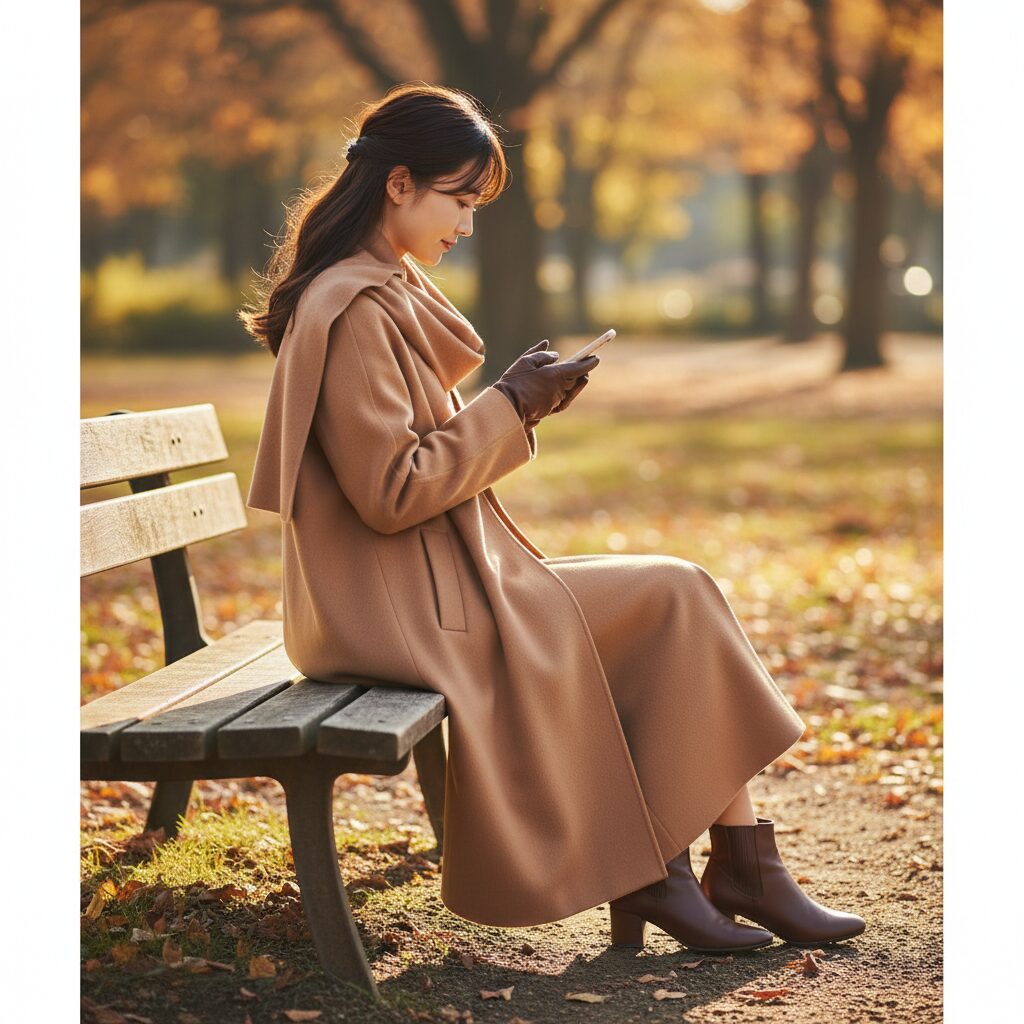 公園のベンチに座りスマートフォンを見ている日本人女性の横顔。キャメル色のスカーフコートのAラインシルエットが美しく、スカーフは結ばずに自然に垂れ下がっている。