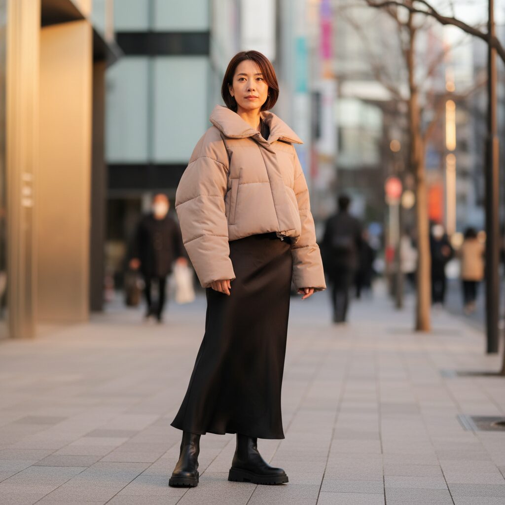 夕暮れの表参道に立つ30代日本人女性の全身ショット。ボリュームのあるマットなベージュのショート丈ダウンに、艶のある黒のロングサテンナロースカートを合わせている。足元は厚底のサイドゴアブーツ。逆光が柔らかい輪郭を描く。