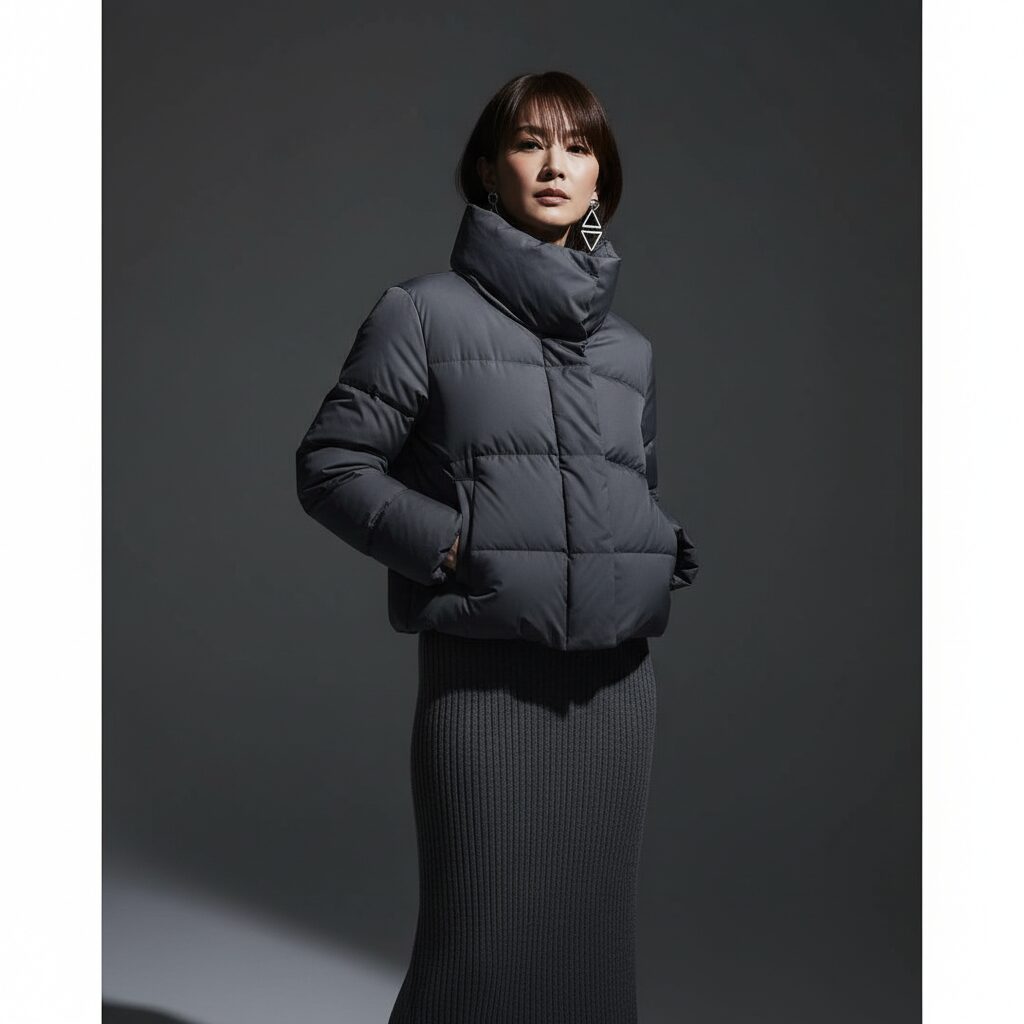 ミニマルなグレー背景のスタジオ撮影。チャコールグレーのワントーンコーデでまとめたクールな40代日本人女性。ハイネックのショート丈ダウンに、同系色のリブニットタイトマキシスカート。幾何学的なシルバーのピアス。コントラストの強いライティング。