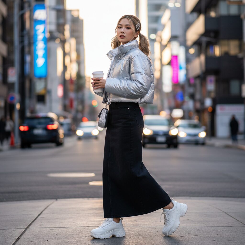 エネルギッシュなストリートスナップ。光沢のあるシルバーのY2K風ショート丈ダウンを着た若い日本人女性。スリット入りのブラックデニムのストレートマキシスカート。白いボリュームスニーカー。テイクアウトコーヒーを持っている。背景はぼやけたネオンサイン。