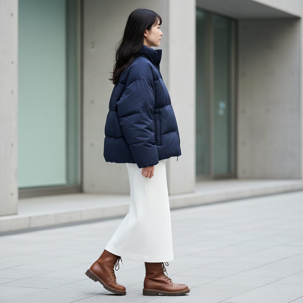 シルエットを強調した横顔のショット。歩いている日本人女性。少しオーバーサイズのネイビーのショート丈ダウン。白の厚手コットンのカラムスカート。ブラウンのレザーコンバットブーツ。上半身のボリュームと下半身の細さが対比する「Yライン」シルエットを強調。