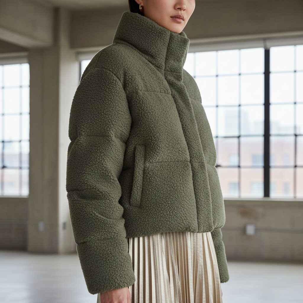 テクスチャに焦点を当てた詳細ショット。ふわふわとしたマットなオリーブグリーンのダウンジャケット生地と、きらめくシャンパンゴールドのプリーツスカートの質感の対比。素材の良さを引き立てる柔らかい拡散光。