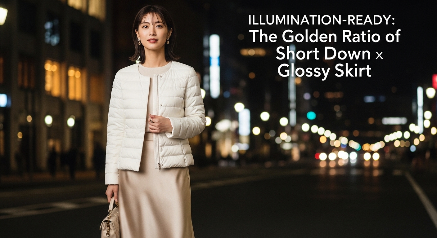 イルミネーションが輝く夜の街で、ホワイトのショート丈ダウンとシャンパンゴールドのサテンスカートを優雅に着こなす日本人女性