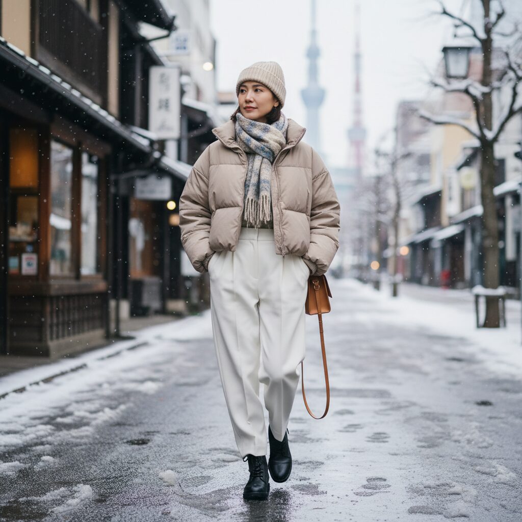 冬の東京の街角を歩く30代日本人女性の全身ショット。ボリュームのあるベージュのショート丈ダウンジャケットに、ハイウエストの白いタック入りワイドパンツを合わせています。柔らかな自然光、背景のボケ感がある高品質なファッション写真スタイル。
