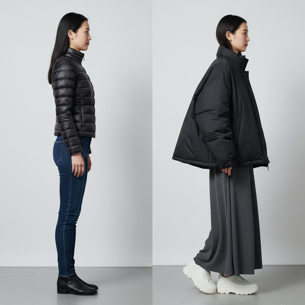 シルエットの違いを示す比較コンセプトアート。左側はタイトなショートダウンにスキニージーンズを合わせた少し古いスタイル。右側はオーバーサイズのショートダウンにワイドスラックスを合わせた現代的なAラインスタイル。ミニマリストなスタジオ背景。