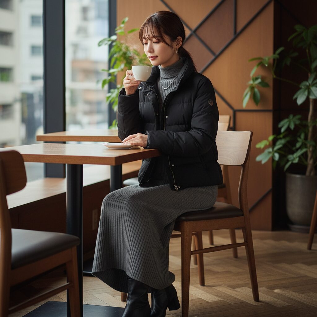 シックなカフェにいる日本人女性。黒のショートダウンジャケットに、グレーのリブニットナロースカートを合わせています。コーヒーカップを手に持ち、エレガントで大人っぽい雰囲気。プロフェッショナルなポートレート写真。