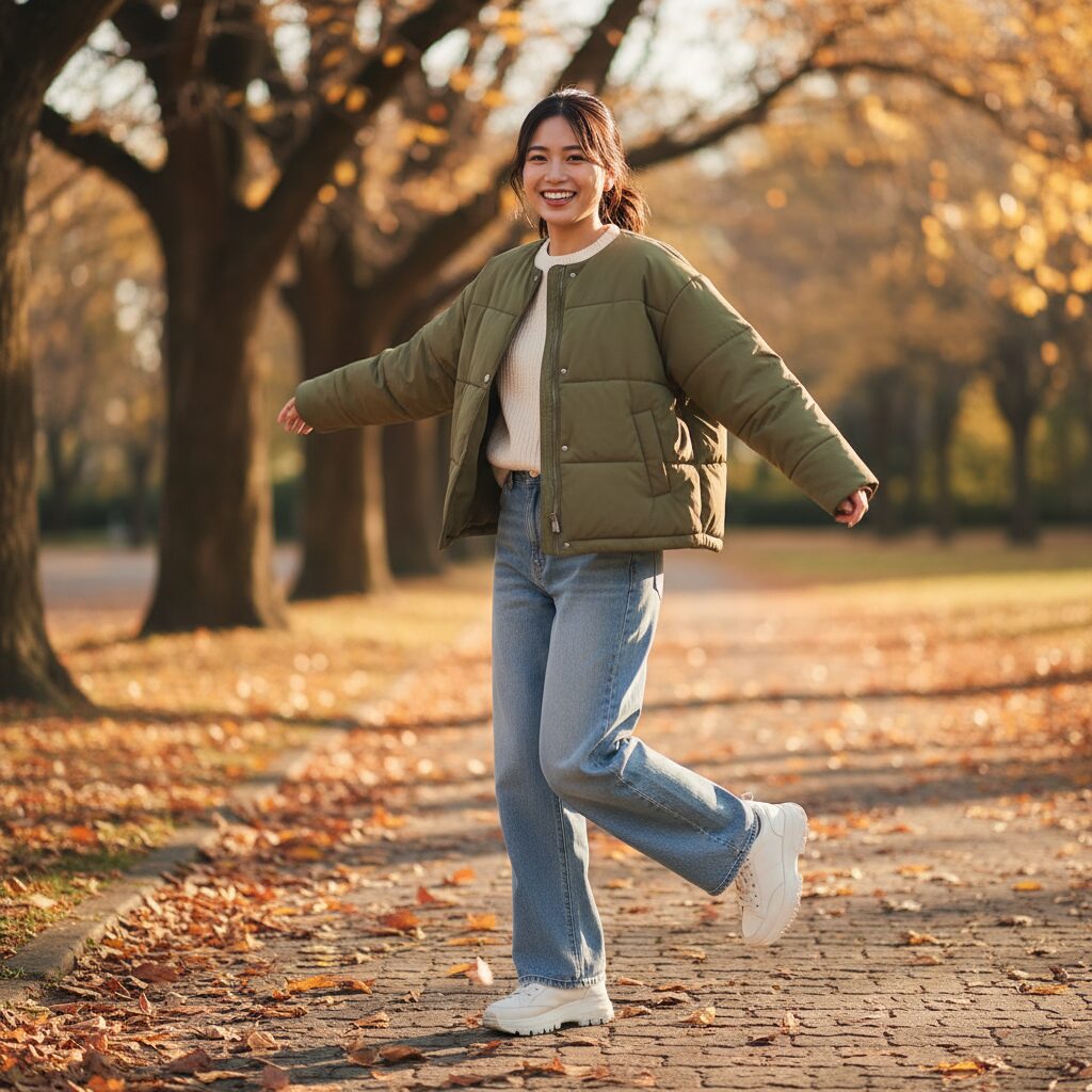 紅葉のある公園でのアクティブな週末スタイル。カーキグリーンのショートダウンジャケットにデニムのワイドパンツ、厚底スニーカーを合わせた日本人女性。自然な笑顔で動きのあるポーズ。ライフスタイル写真。