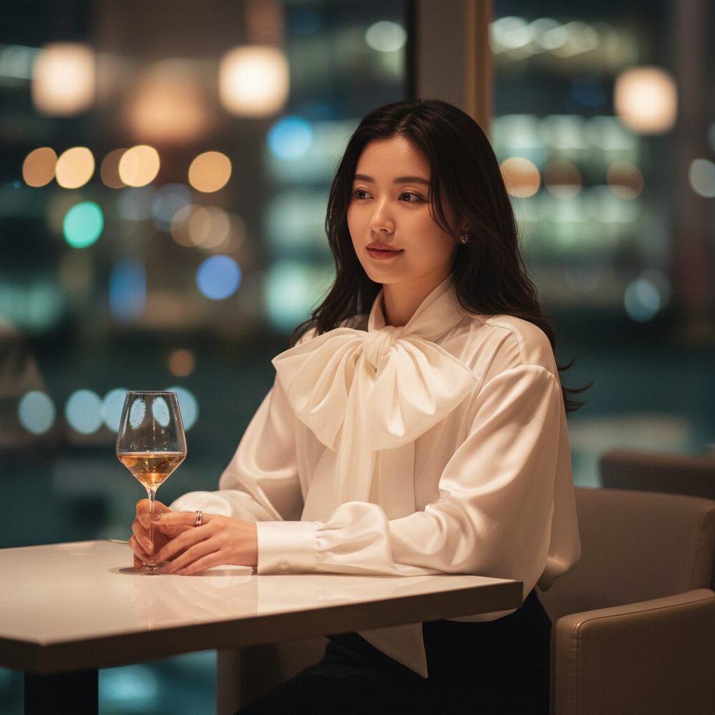 レストランの席に座り、ワイングラスを手に持つ日本人女性。ボリュームのある白いボウタイブラウスが顔周りを明るく見せている。背景は都会の夜景がボケており、温かみのある照明が彼女を照らす。