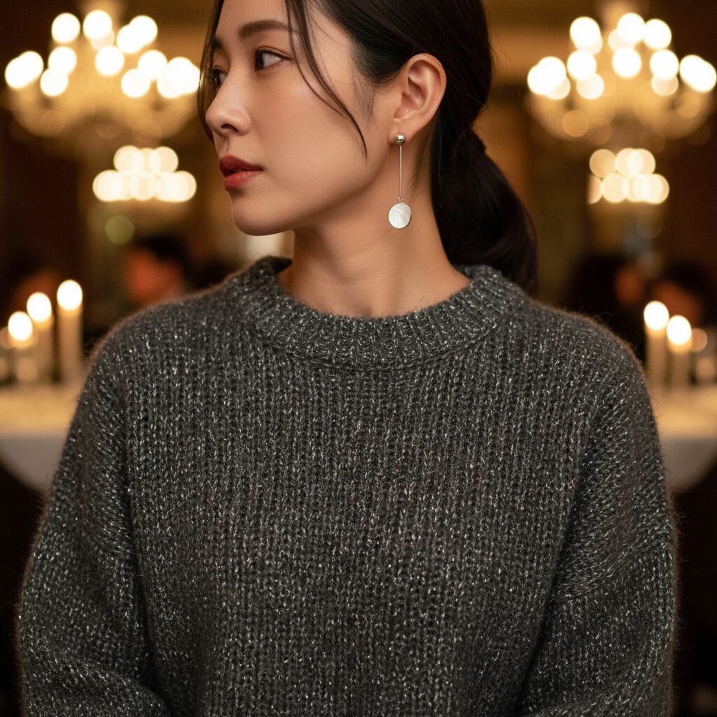 チャコールグレーのラメ入りニットのクローズアップ。繊細なシルバーのラメがレストランの照明を反射してきらめき、上品なイヤリングと共に顔周りに華やぎを与えている。