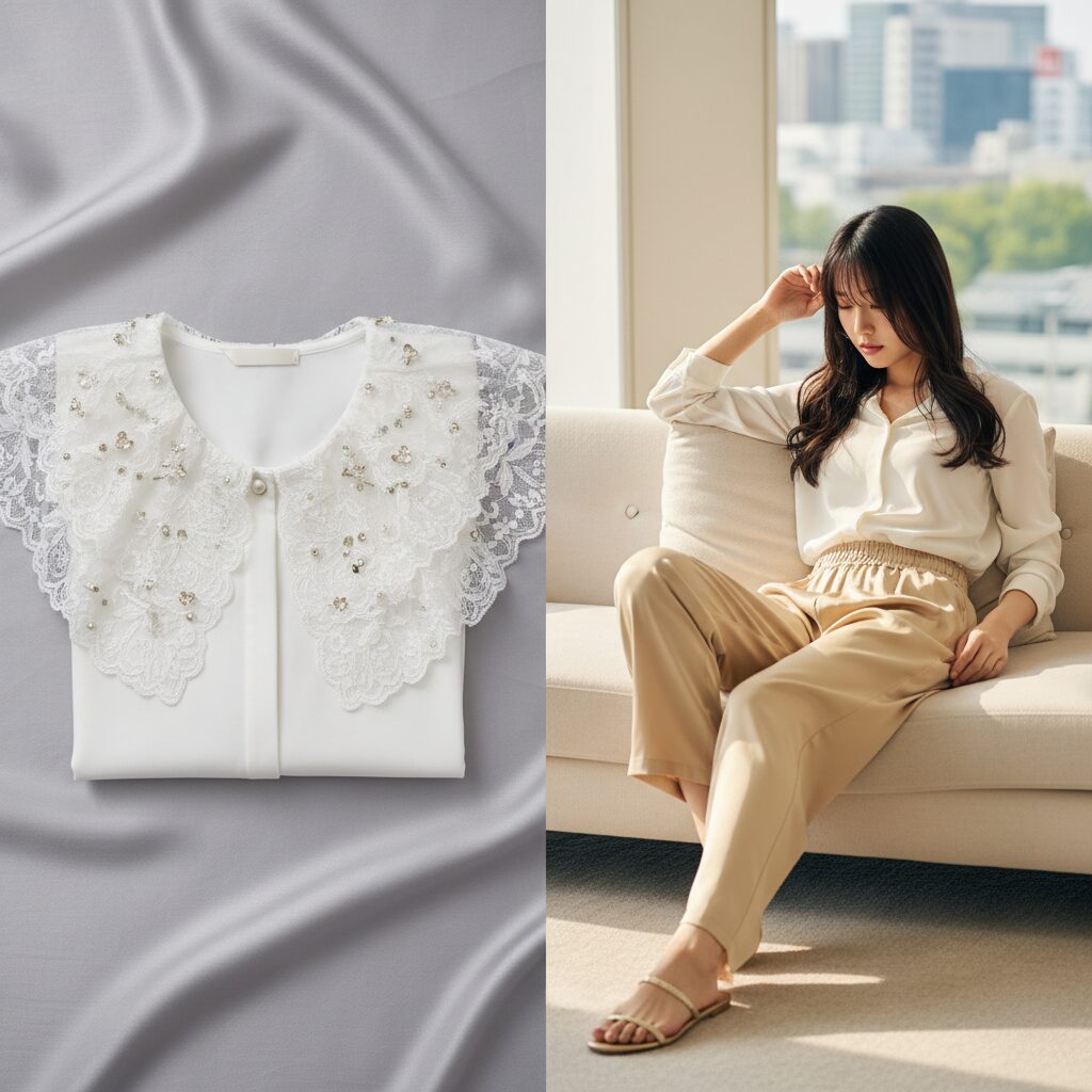 ファッションアイテムの比較構図。左側は華やかな装飾襟のブラウス、右側はシャンパンゴールドのウエストゴム仕様のサテンパンツ。「上半身のインパクト」と「下半身の快適さ」のバランスを表現した画像。