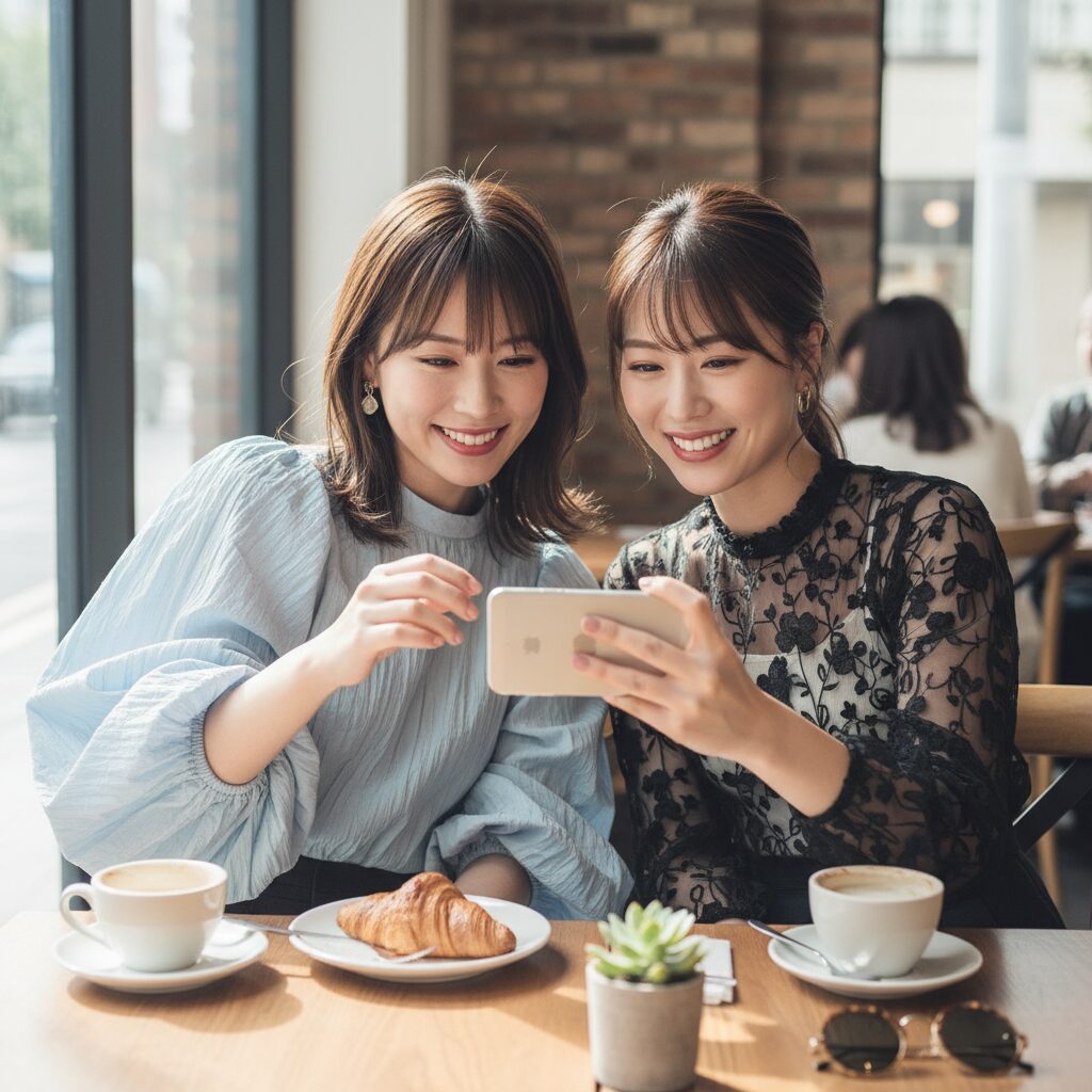 カフェのテーブルで自撮りをする二人の女性。一人はパステルブルーのパフスリーブブラウス、もう一人は黒のシアートップスを着用。楽しそうな表情で、テーブル越しのファッションをスマホに収めている。