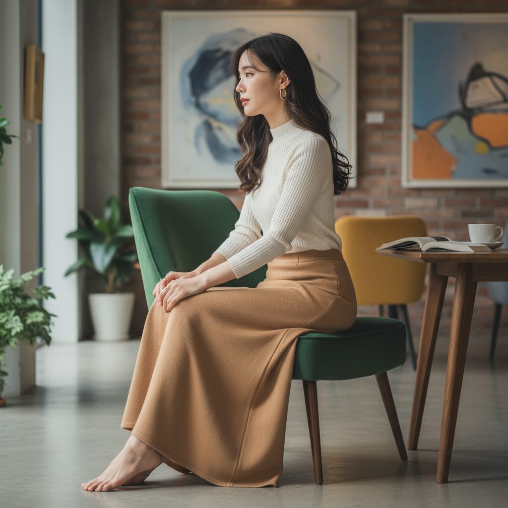 ベルベットの椅子に座る女性の全身横顔ショット。ハイネックのブラウスにロングニットスカートを合わせている。リラックスした姿勢で、スカートの快適なフィット感とシックなシルエットを両立させている。