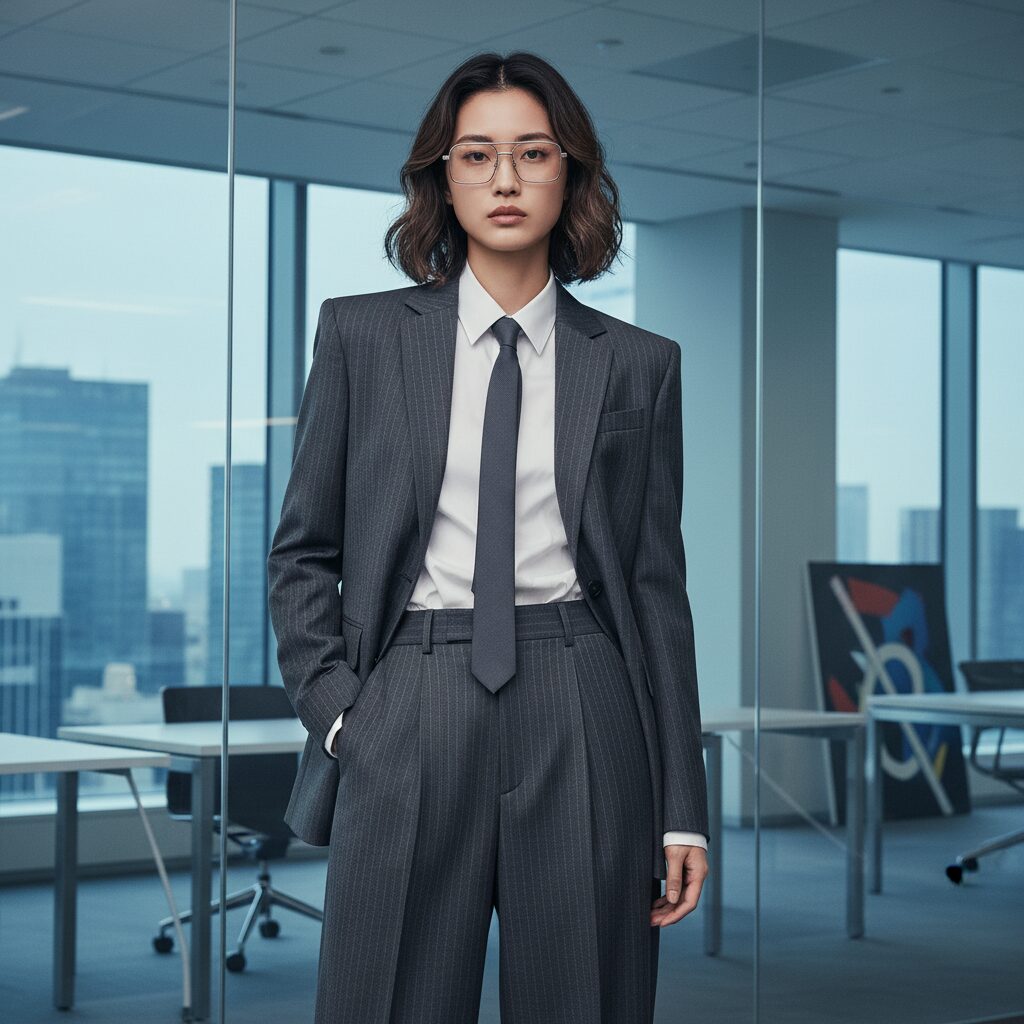 チャコールグレーのピンストライプスーツを着た20代の日本人女性。長方形のバイヨネッタ眼鏡をかけ、モダンでクールなオフィスを背景に自信ありげに立っている様子。