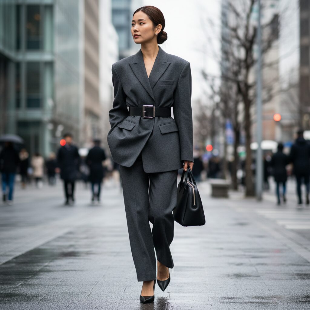 オーバーサイズのグレーのジャケットの上から太めのレザーベルトを巻き、ウエストを強調した砂時計シルエットを作っている全身ショット。冬の街角での撮影。