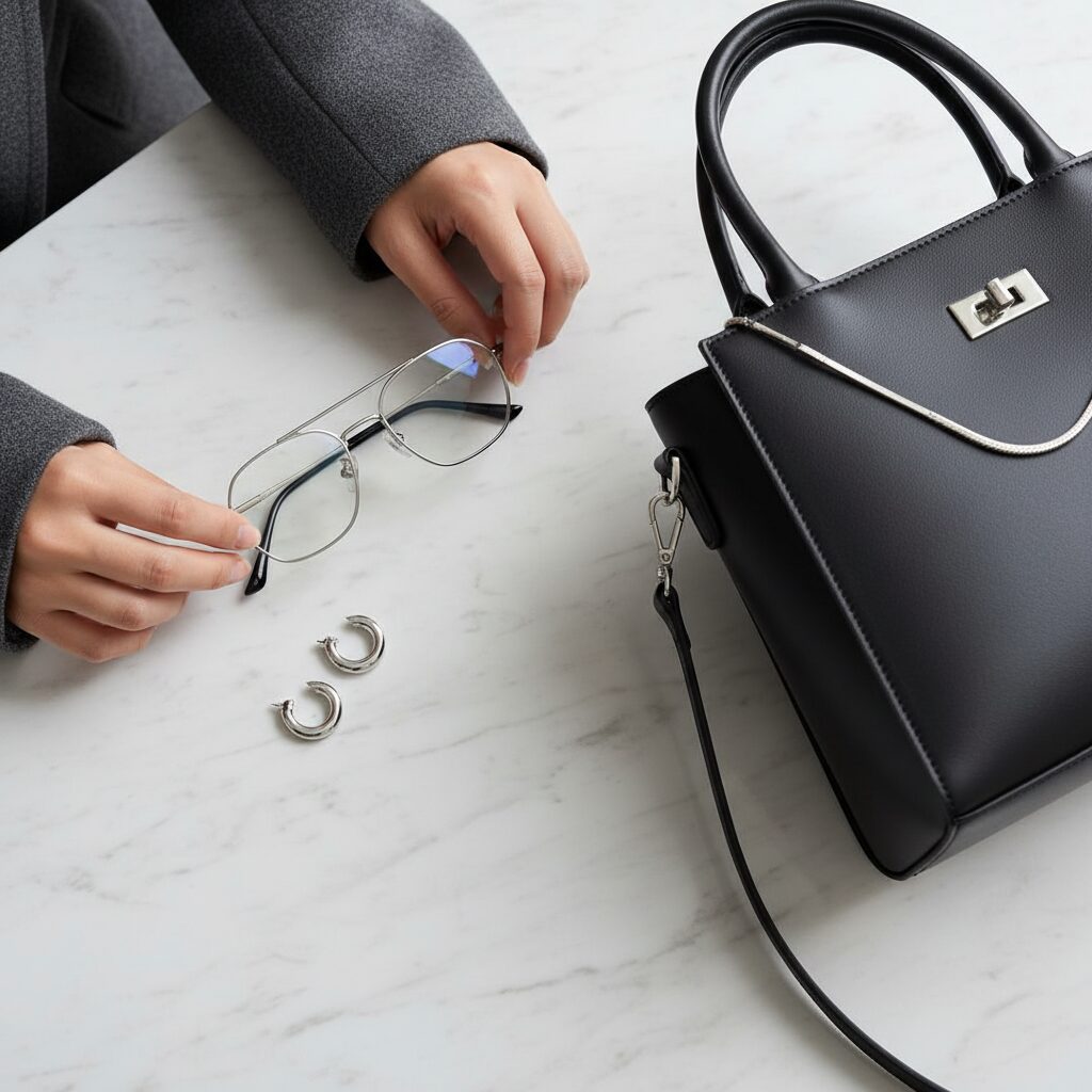 オフィス・サイレン風の小物のディテールショット。シルバーフレームの眼鏡、ミニマルなシルバーのフープピアス、レザーバッグが大理石のデスクに置かれている。