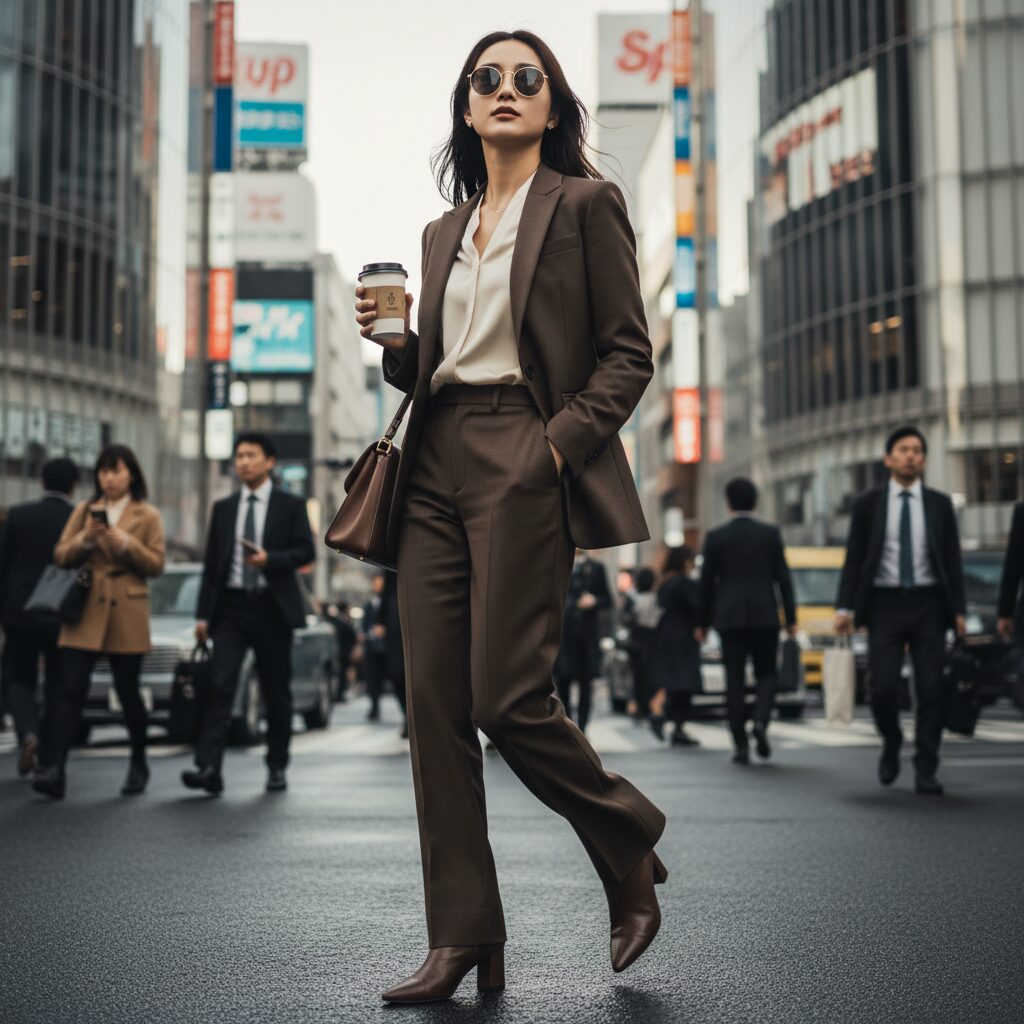 ダークブラウンのスーツセットアップを着て颯爽と歩く女性のローアングルショット。パンツは微フレア。東京のビジネス街の朝、背景の人々は動きでブレている。