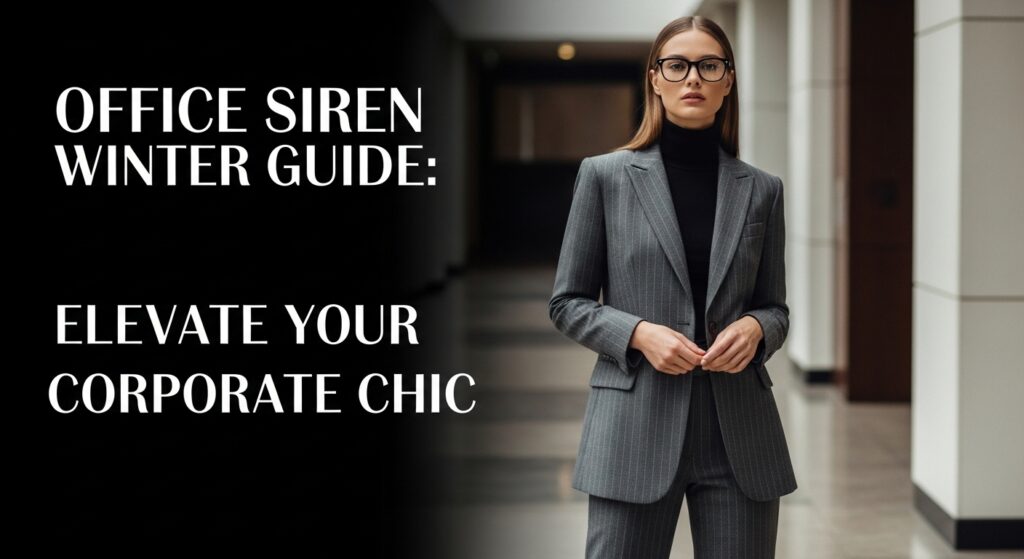 グレーのピンストライプスーツを着こなし、黒縁眼鏡をかけた女性がモダンなオフィスビルの廊下に立っている様子。インナーには黒のタートルネックを合わせている。