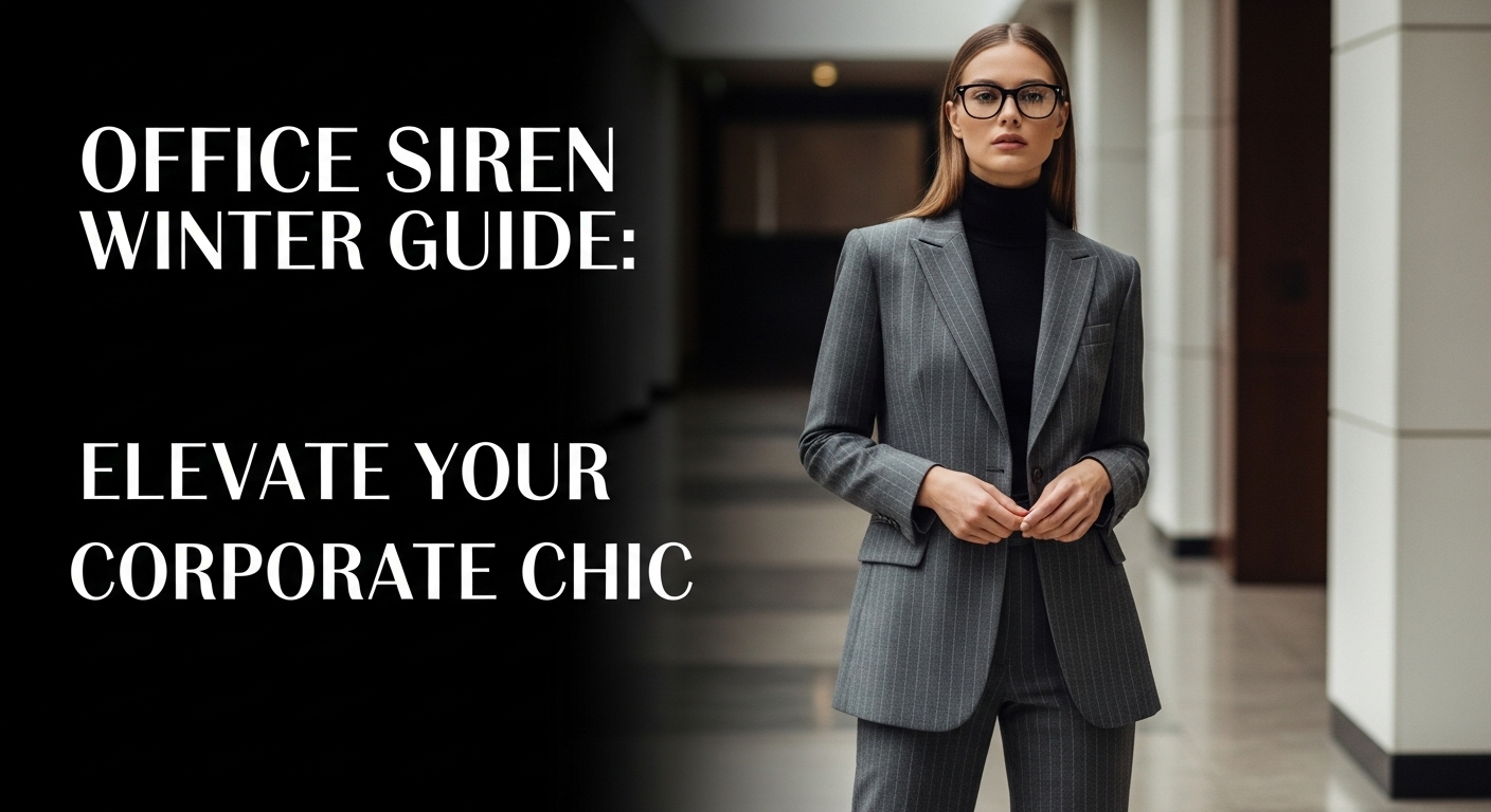 グレーのピンストライプスーツを着こなし、黒縁眼鏡をかけた女性がモダンなオフィスビルの廊下に立っている様子。インナーには黒のタートルネックを合わせている。