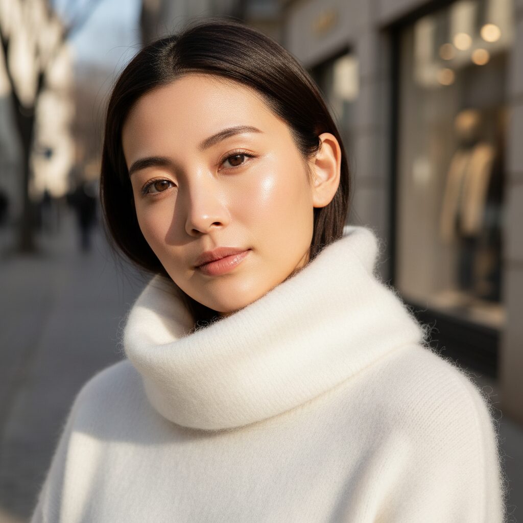 白いモヘアのタートルネックを着た女性のクローズアップ。服のレフ板効果で肌が明るく輝いて見える。冬の柔らかな日差しが当たり、清潔感とリッチな雰囲気が漂うポートレート。