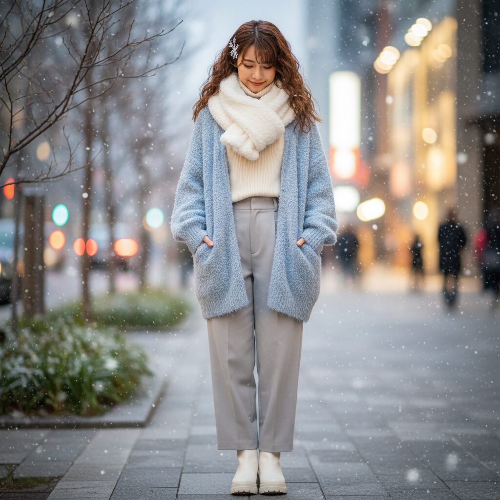 雪が降る中、待ち合わせをしている20代の日本人女性。パステルブルーのオーバーサイズなシャギーニットカーディガンに、顔が半分埋もれるような白い大判マフラーを巻いている。K-POPアイドルのような可愛らしくロマンチックな雰囲気。