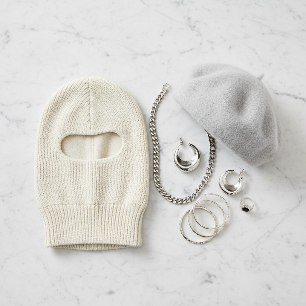 冬の小物の置き画(フラットレイ)。白いバラクラバ、ふわふわのアンゴラベレー帽、シルバーアクセサリーが大理石の背景に配置されている。清潔感のあるミニマルなハイエンドファッション誌風のレイアウト。