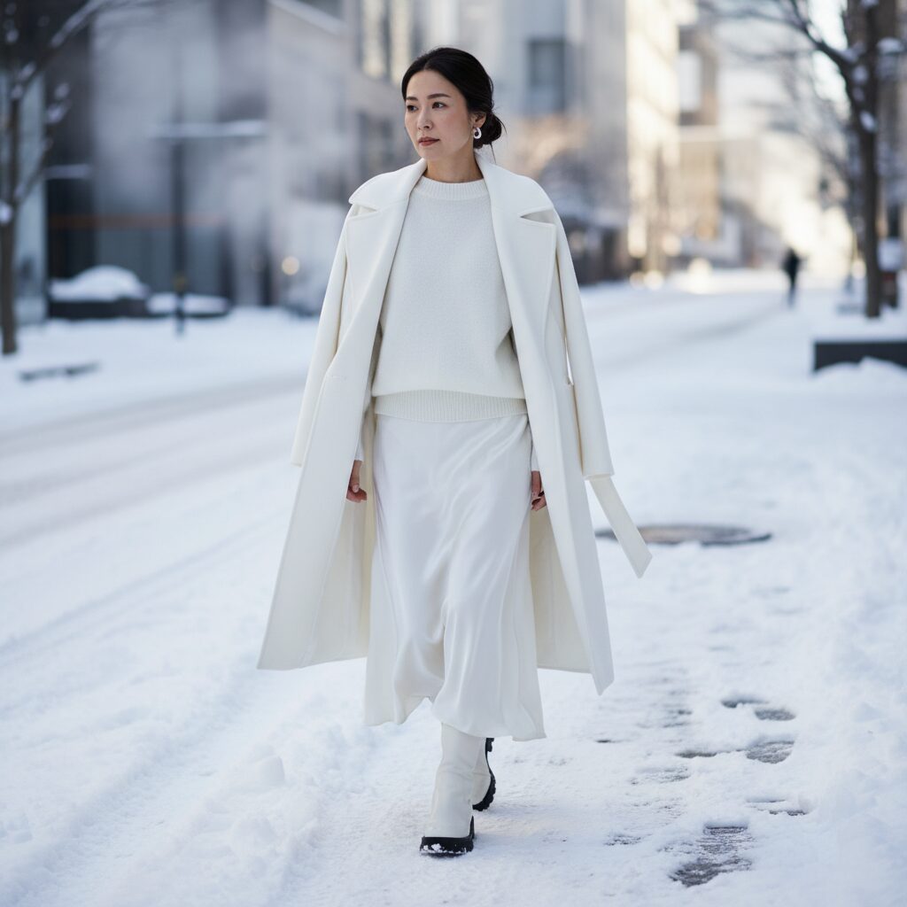 雪の降る都会の通りを歩く30代の日本人女性の全身ショット。ふわふわの白いモヘアニットを光沢のある白いサテンのミディスカートにインした、オールホワイトのコーディネート。その上に構築的な白いウールのコートを羽織っています。足元は白いレザーのチャンキーブーツ。雪の反射で顔色が明るく見える「レフ板効果」のある自然光。ハイファッションなストリートスナップ風。