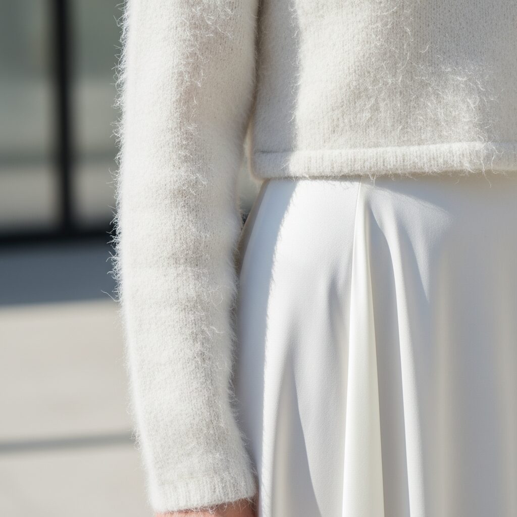 白い衣装の生地の質感を捉えたクローズアップ詳細ショット。ふわふわとした白いアンゴラウールの質感と、滑らかで光沢のある白いシルク生地のコントラスト。背景はソフトフォーカス。素材の良さと異素材が生み出す奥行きを強調した画像。フォトリアルなマクロ撮影。