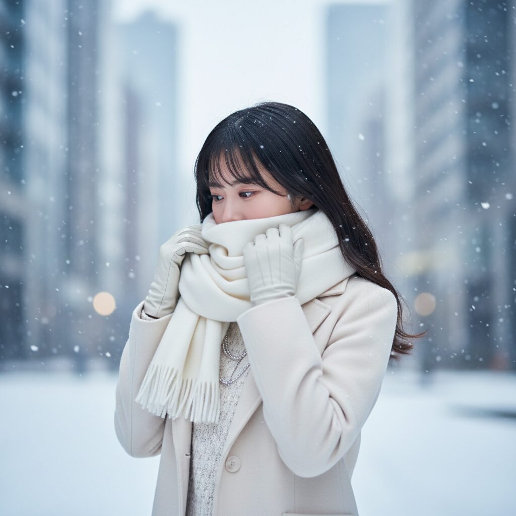 冬の街中で白いカシミアのマフラーを整える女性のミディアムショット。白いレザーの手袋を着用している。背景は雪が降るぼやけた街並み。エレガントで「クワイエット・ラグジュアリー」な雰囲気。柔らかく寒色系のライティング。