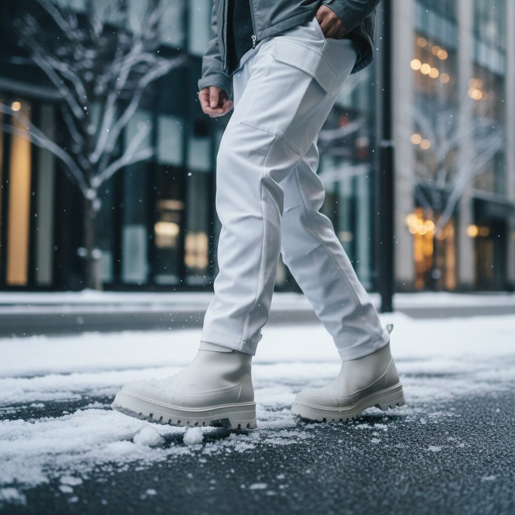 舗装された路面の薄い雪の上を歩く、白い防水チャンキーブーツのローアングルショット。ブーツは清潔でスタイリッシュ、実用性とファッション性を兼ね備えている。白いテクニカル素材のカーゴパンツの裾が見える。都会的な冬の雰囲気。