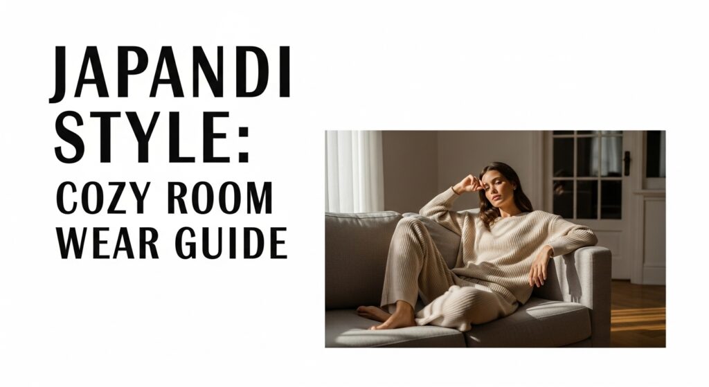 柔らかな自然光が差し込むJapandiスタイルのリビングで、上質なベージュのニットセットアップを纏いリラックスする女性