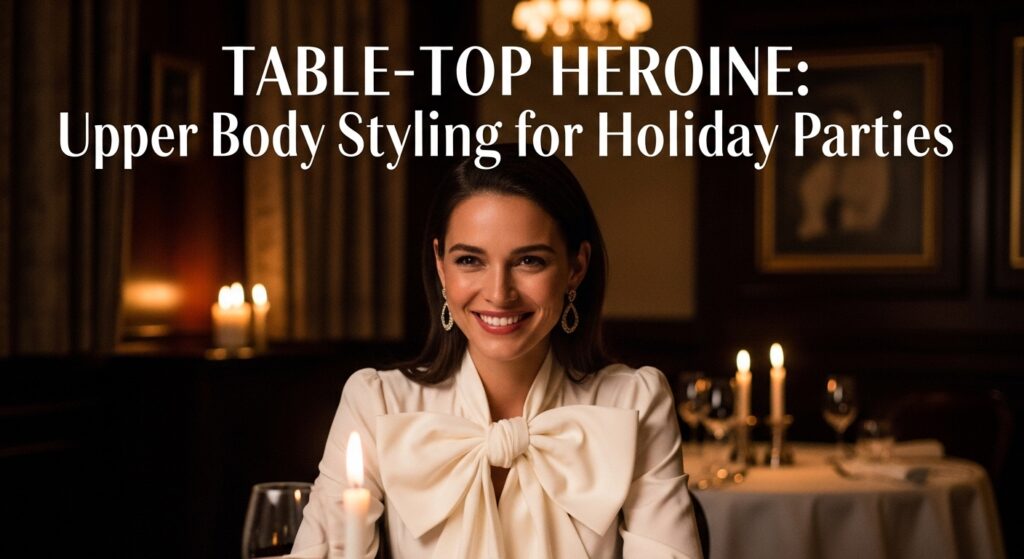 キャンドルの灯るレストランで微笑む女性。大きなリボンのついた白いボウタイブラウスが顔周りを華やかに照らし、テーブル越しの構図で上品な印象を与えている。