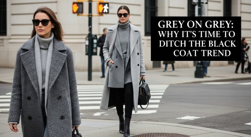 都会の街角で、異なる素材感のグレーアイテムを重ね着した大人の女性の全身ショット