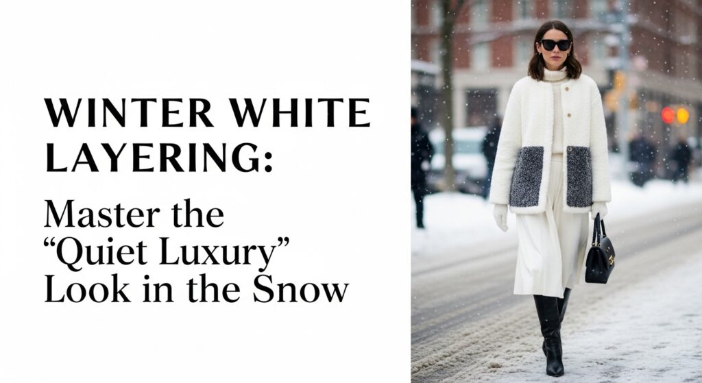 雪が降る都会の街角で、異素材ミックスのオールホワイトコーデを着こなす30代女性。