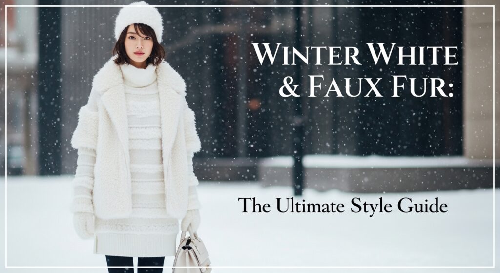 雪が降る街中で、質感の異なる白のアイテムを重ねたウィンター・ホワイトコーデを纏う日本人女性