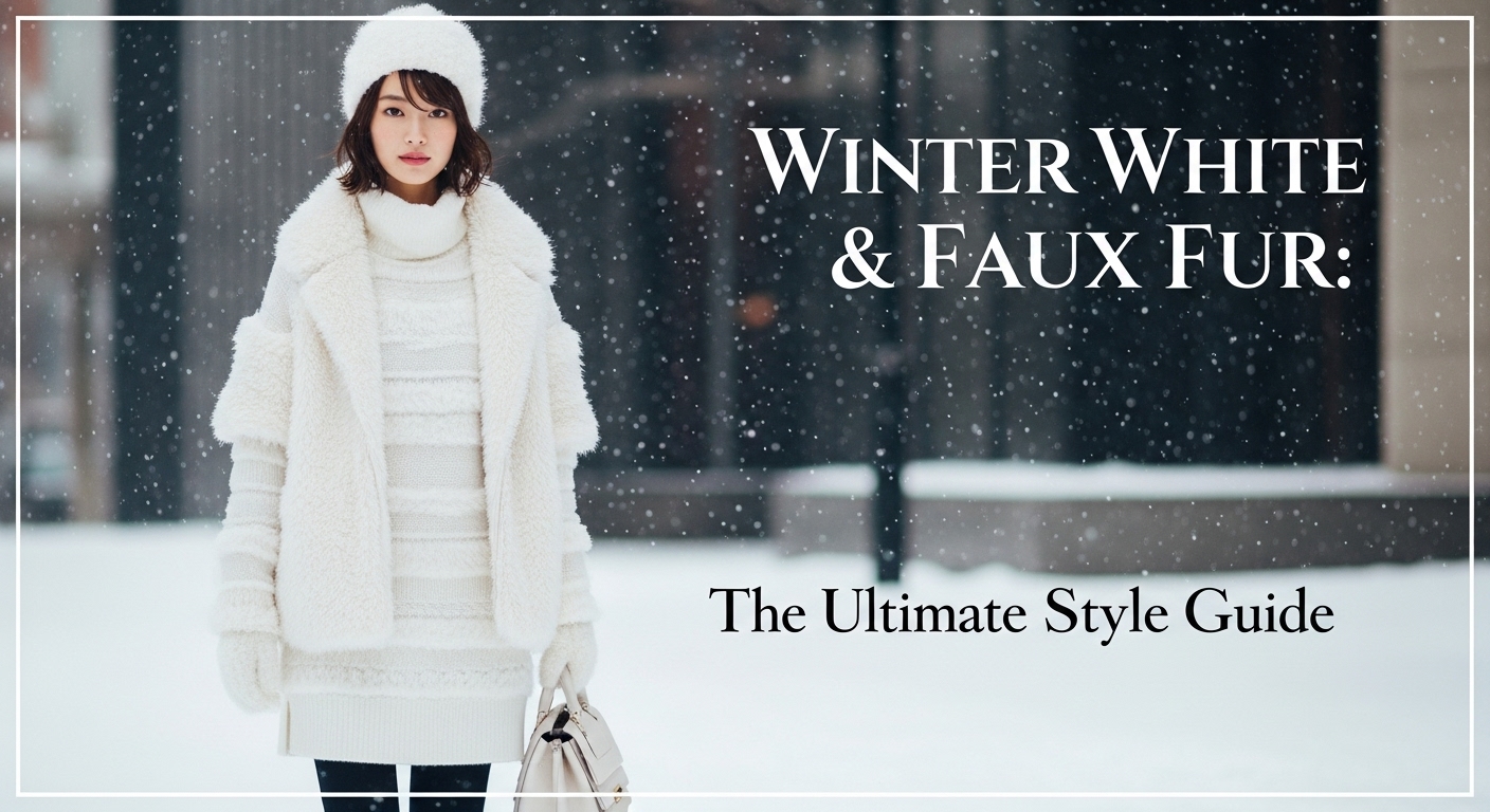 雪が降る街中で、質感の異なる白のアイテムを重ねたウィンター・ホワイトコーデを纏う日本人女性