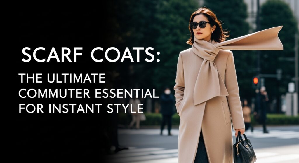 東京の丸の内オフィス街を颯爽と歩く女性。ベージュのエレガントなスカーフコートを着用し、マフラーと一体化した襟のデザインが風になびいている。