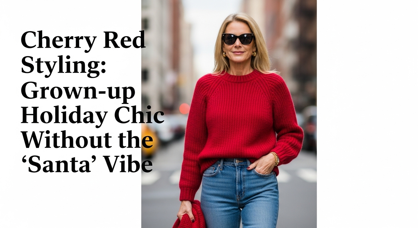 街中でチェリーレッドのニットとデニムを上品に着こなす大人の女性のストリートスナップ