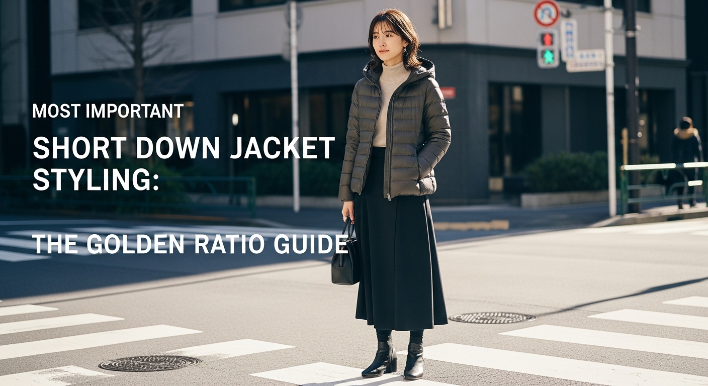 都会的な街角でショート丈のダウンジャケットとIラインスカートを着こなす日本人女性の全身ショット