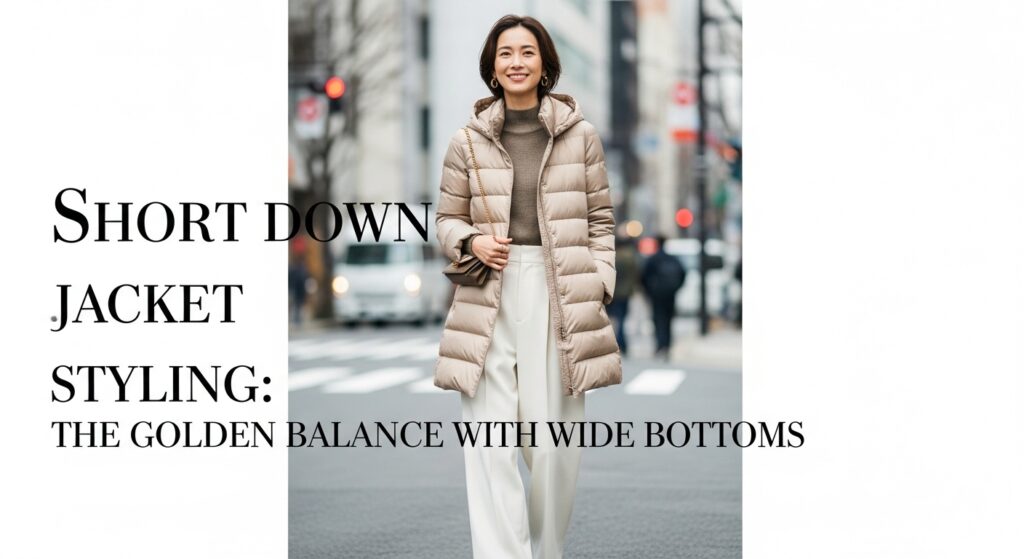 冬の街角でベージュのショート丈ダウンジャケットとホワイトのタックワイドパンツを颯爽と着こなす30代日本人女性の全身コーディネート。