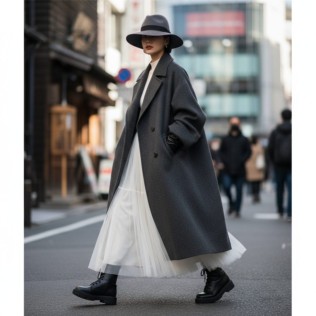重厚なチャコールグレーのウールコートと、軽やかな白のチュールスカートを合わせた日本人女性の全身ショット。足元は黒のコンバットブーツ。重さと軽さの対比が美しい冬の東京ストリート。