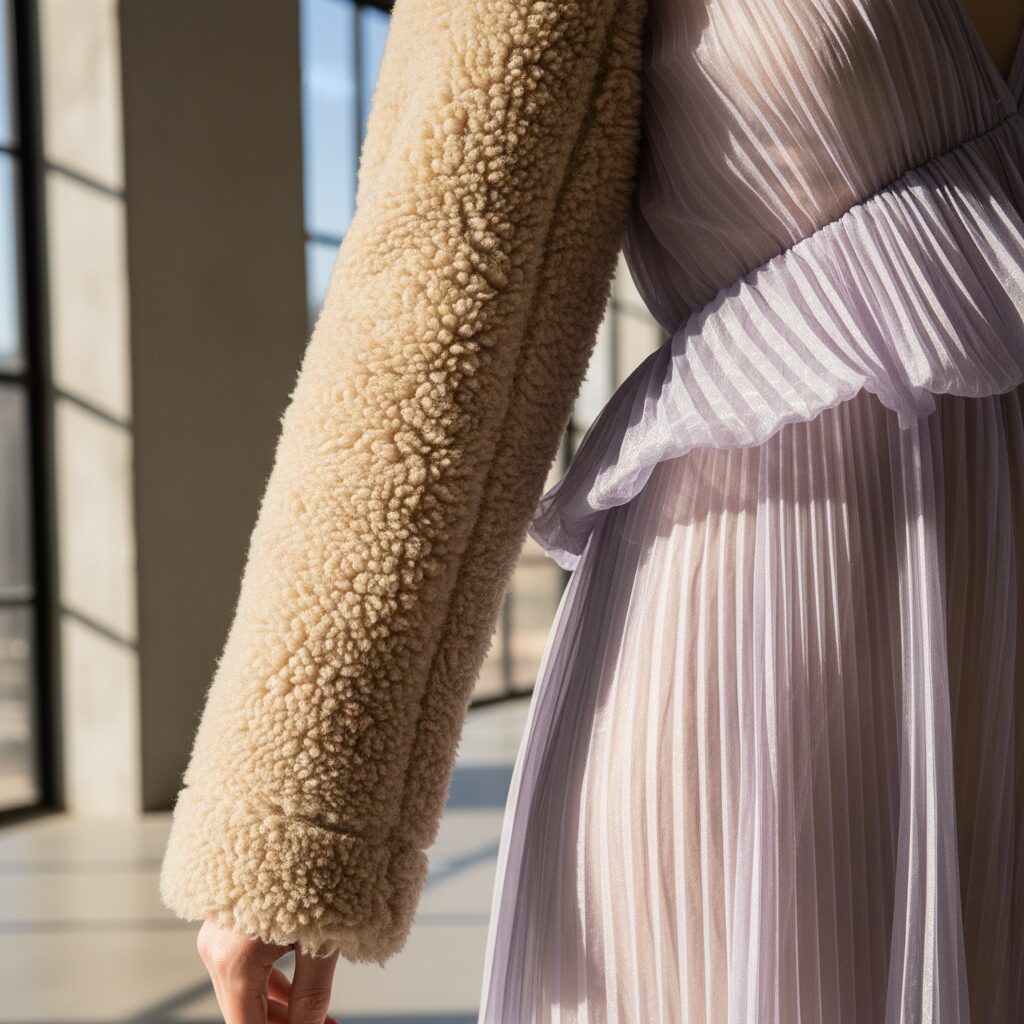 素材の質感にフォーカスしたクローズアップ。厚手でふわふわしたベージュのボアジャケットの袖と、光沢のあるラベンダー色のシアーオーガンジー素材の対比。ボアの質感と透け感を強調したハイファッションな構図。