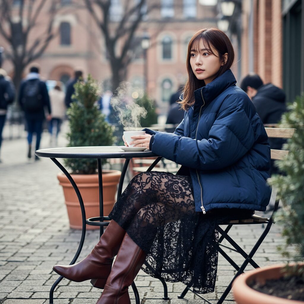 冬の屋外カフェテラスに座る日本人女性。ネイビーのダウンジャケットに、黒のロングシアーレーススカート。透けたスカートの下にはブラウンのロングブーツを履いているのが見える。コーヒーから湯気が立つ自然なライフスタイル写真。
